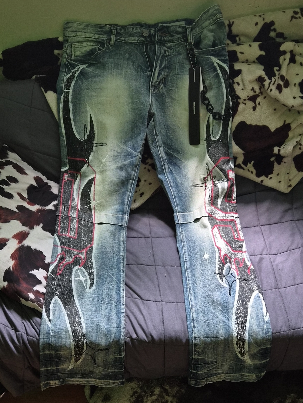 Men's Blue Distressed Bootcut Jeans with Graphic Accents